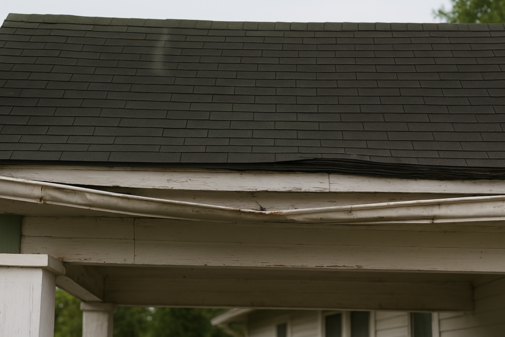 Roof decking is beginning to sag and dip near the ridge line due to water damage.