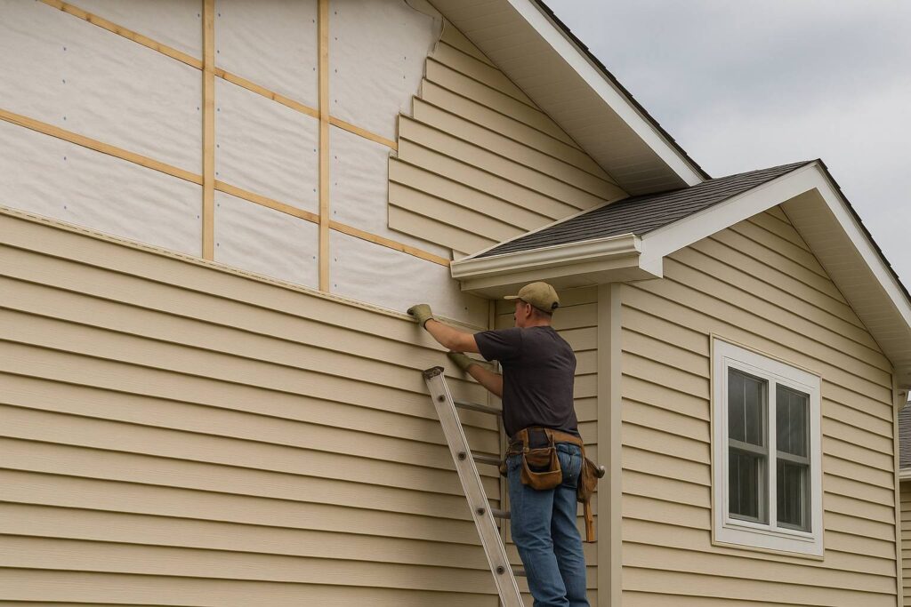Vinyl siding is being installed on a residential home in Milton, VT.